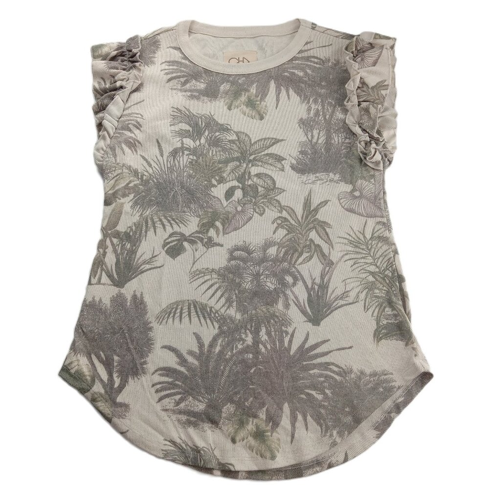 Chaser Women's Ruffle Sleeve Tee T-Shirt Size Small Tan Palm Print Crew Neck